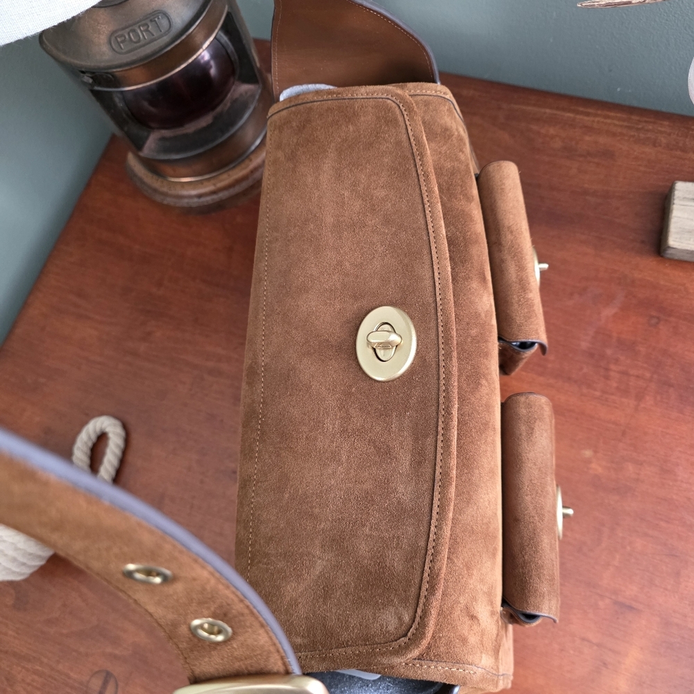 Coach CDZ13 Turnlock Haversack Brown Suede Brass Shoulder Bag NWT - Picture 12 of 16